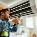 Technician conducting hvac repair southsalem in a residential kitchen for efficient air conditioning.