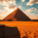 Capture of piraminds towering under a golden sunset, showcasing ancient hieroglyphs.