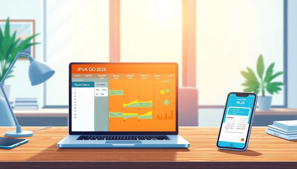 Visual representation of the IPVA GO 2026 tax payment calendar with modern financial tools.