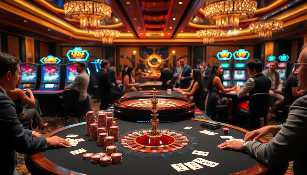 Engaging casino scene with GO8-themed decor, poker chips, and vibrant gaming tables.