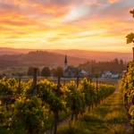 Carksburg CA vineyards glowing at sunset with rolling hills in the background.