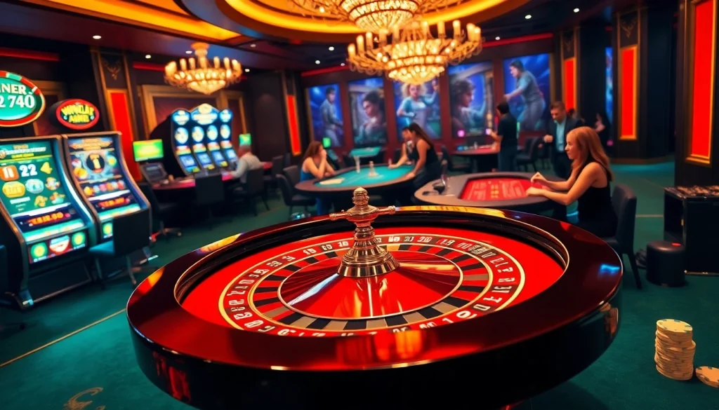 Experience the excitement of tỷ lệ 7m as players engage in thrilling casino games surrounded by vibrant colors and engaging elements.
