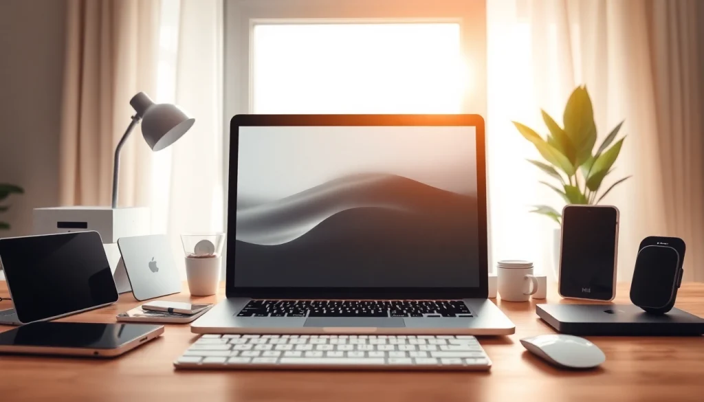 Accesorios para Mac en un elegante espacio de trabajo con MacBook, teclado, y mouse.