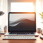 Accesorios para Mac en un elegante espacio de trabajo con MacBook, teclado, y mouse.