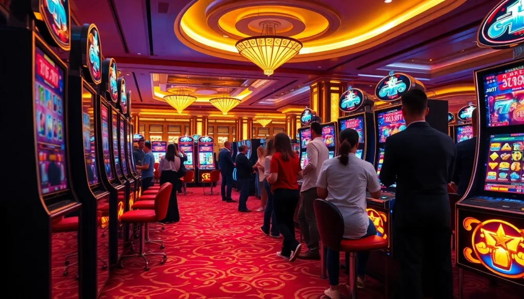 Pemain yang bersemangat menikmati aksi slot pulsa di kasino mewah dengan mesin slot yang berwarna-warni.