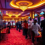 Pemain yang bersemangat menikmati aksi slot pulsa di kasino mewah dengan mesin slot yang berwarna-warni.