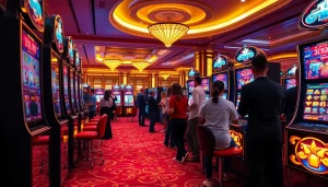 Pemain yang bersemangat menikmati aksi slot pulsa di kasino mewah dengan mesin slot yang berwarna-warni.