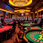 Engaging players at 32win com enjoying blackjack and roulette in a vibrant casino setting.