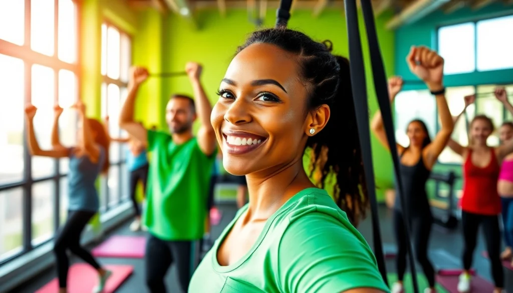 Individuals using pull-up assist bands in a dynamic gym setting, showcasing strength and motivation.