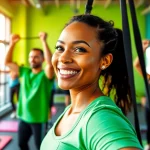 Individuals using pull-up assist bands in a dynamic gym setting, showcasing strength and motivation.