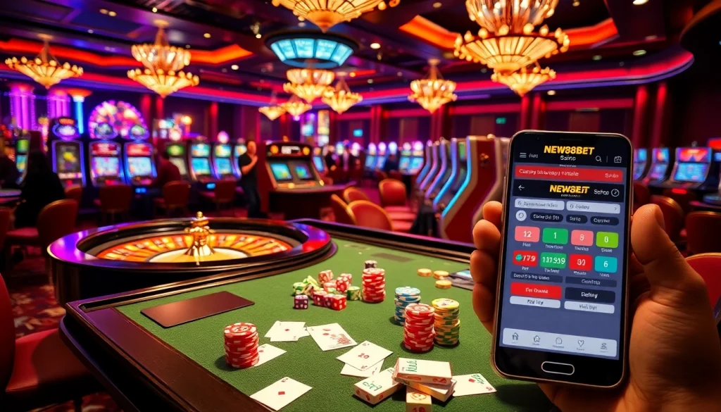 Gamblers enjoying an exciting game at the casino with new88bet app on display.