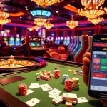 Gamblers enjoying an exciting game at the casino with new88bet app on display.