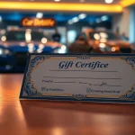 Purchase a car detailing gift certificate displayed elegantly on a wooden desk.