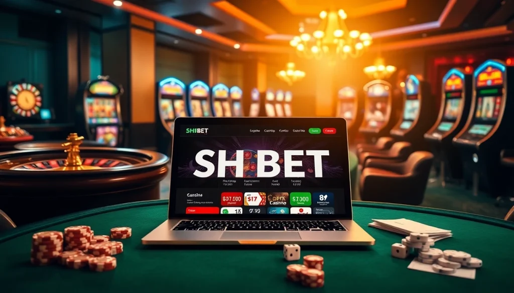 SHBET online gambling interface in a luxurious casino atmosphere with casino elements.