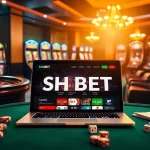 SHBET online gambling interface in a luxurious casino atmosphere with casino elements.