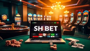 SHBET online gambling interface in a luxurious casino atmosphere with casino elements.