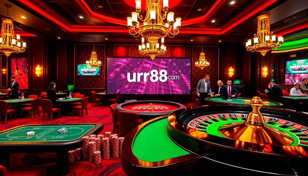Join exciting games at https://urr88.com/, featuring lively casino tables and a roulette wheel in action.