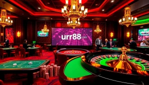 Join exciting games at https://urr88.com/, featuring lively casino tables and a roulette wheel in action.