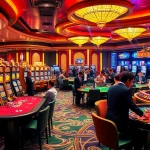 IDN slot 777 players enjoy a thrilling moment at luxurious casino tables with poker chips and vibrant slot machines.