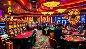 IDN slot 777 players enjoy a thrilling moment at luxurious casino tables with poker chips and vibrant slot machines.