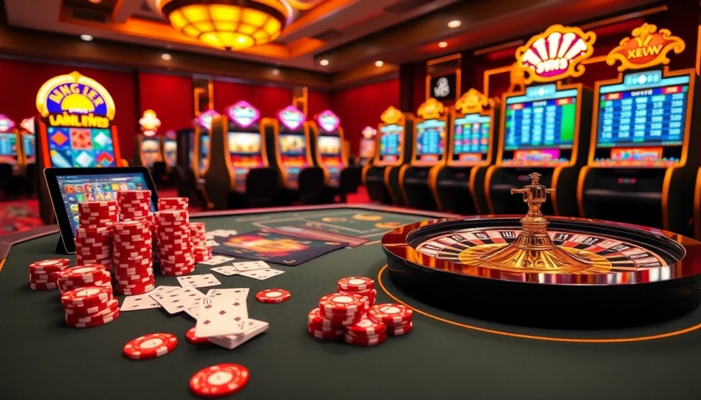 Experience the excitement of XX88's online casino with vibrant poker chips and gaming tables.