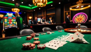 Experience thrilling gaming at Haywin's luxurious casino with vibrant card tables and exciting slot machines.