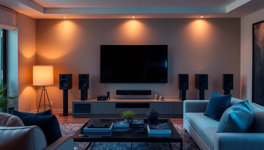 Audio/Video installations near Nash, TX featuring a modern home theater setup with premium speakers and ambient lighting.