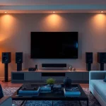 Audio/Video installations near Nash, TX featuring a modern home theater setup with premium speakers and ambient lighting.