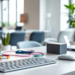 Accesorios para Mac en un entorno de oficina moderno con colores vibrantes y organización óptima.