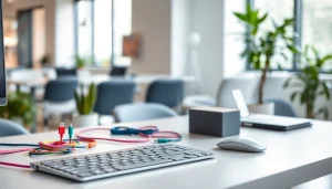 Accesorios para Mac en un entorno de oficina moderno con colores vibrantes y organización óptima.