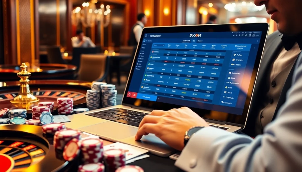 SBOBet online betting scene with poker chips and roulette wheel in an elegant casino setting.
