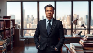 Engaging image of an intellectual property lawyer in a modern office setting, showcasing professionalism.