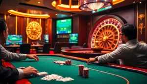 Experience vibrant online gaming with a luxurious casino scene featuring the trang chủ tobet88 poker table.