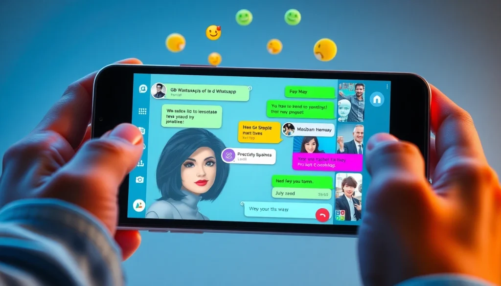 Interactive display of GBWhatsApp on a smartphone, showcasing vibrant chat themes and user engagement in 2025.
