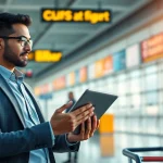 Business traveler checking flight status before 출장 at a modern airport