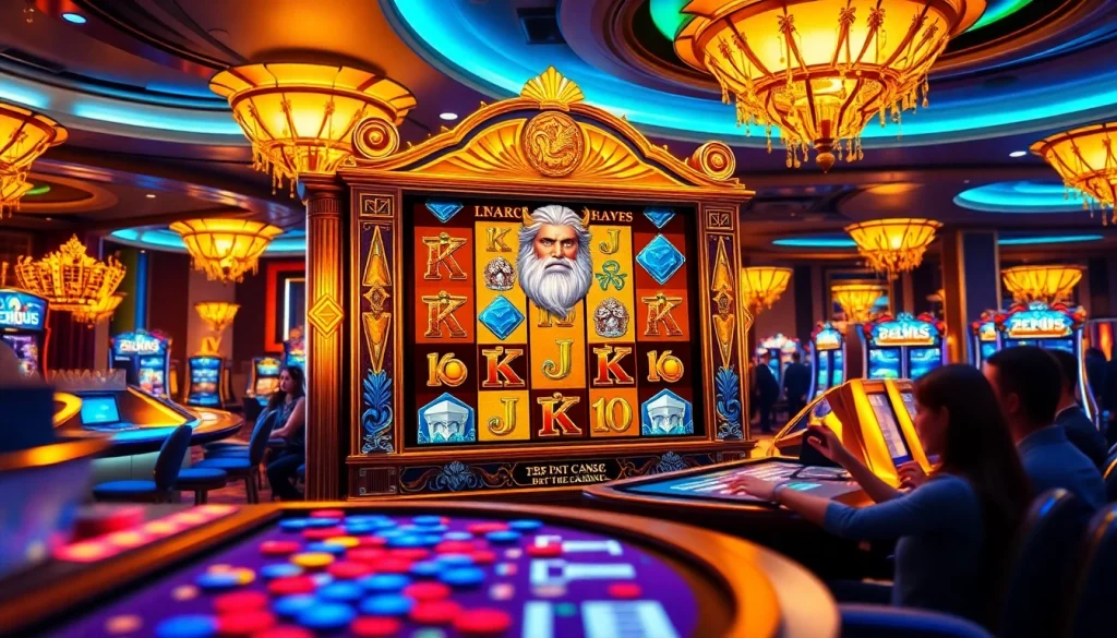 Berinteraksi dengan mesin Slot Zeus di tengah suasana kasino yang mendebarkan, menampilkan grafis menakjubkan dan warna-warna yang cerah.