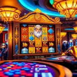 Berinteraksi dengan mesin Slot Zeus di tengah suasana kasino yang mendebarkan, menampilkan grafis menakjubkan dan warna-warna yang cerah.