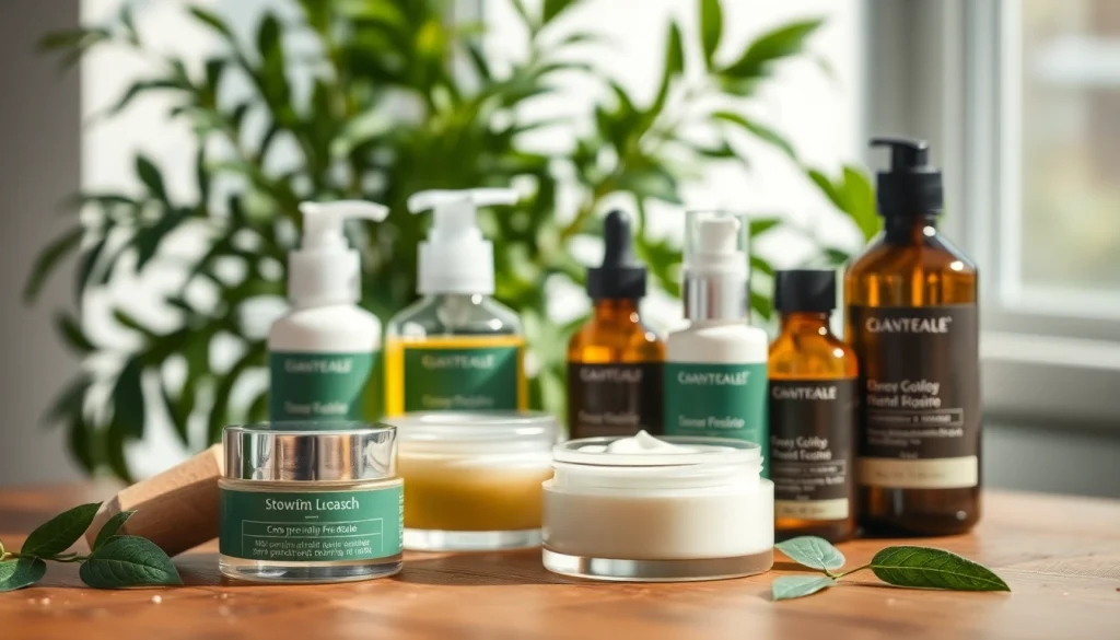 Ekologiska kosmetika produktai skirtingų tekstūrų ir natūralių ingredientų.