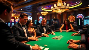Experience the excitement of SODO CASINO with poker players strategizing at glamorous tables.
