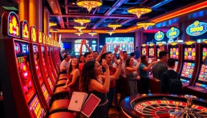 Para pemain menikmati mesin slot Slot Bet 200 di lingkungan kasino yang hidup, penuh warna, dan mendebarkan.