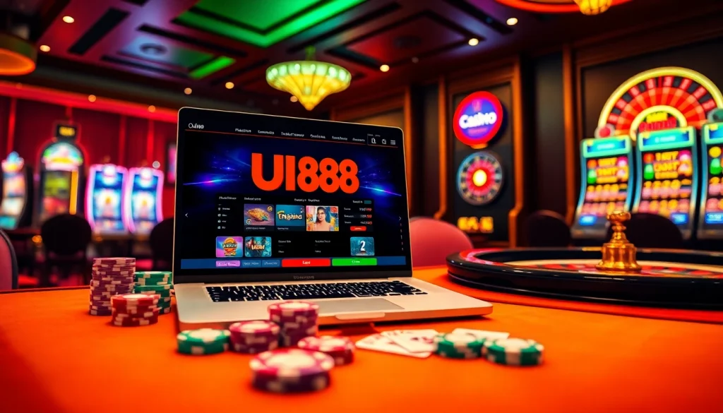 UU88 online casino table with poker chips and cards, highlighting a luxurious gambling experience.