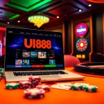 UU88 online casino table with poker chips and cards, highlighting a luxurious gambling experience.
