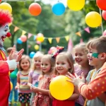 Birthday party entertainers delighting children with magic tricks and face painting.