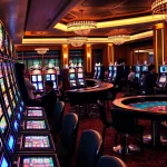 Players enjoying slot pulsa games at a vibrant casino with colorful slot machines.