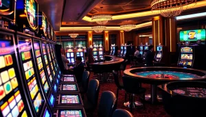 Players enjoying slot pulsa games at a vibrant casino with colorful slot machines.