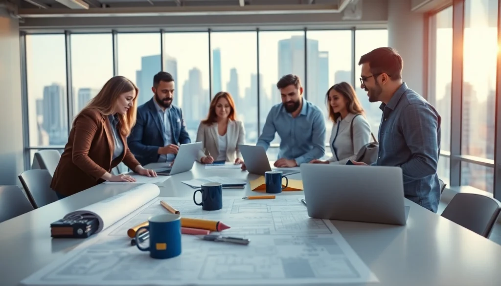 Collaboration within a construction member organization showcasing teamwork and blueprints.