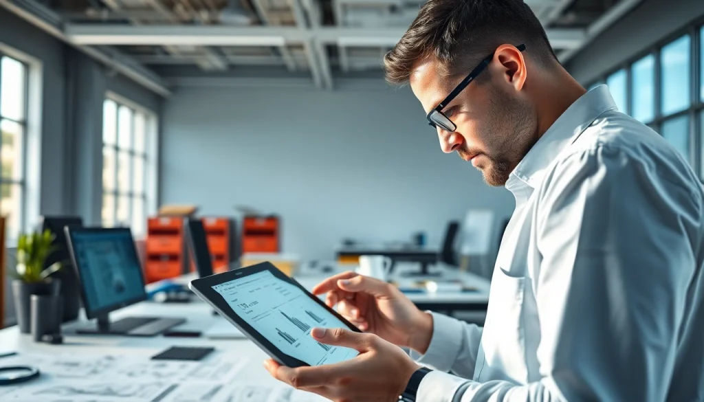 Engineer analyzing das 140 specifications in a bright modern office.