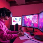 Artist creating NSFW AI art in a modern studio with vibrant tones.