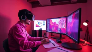 Artist creating NSFW AI art in a modern studio with vibrant tones.