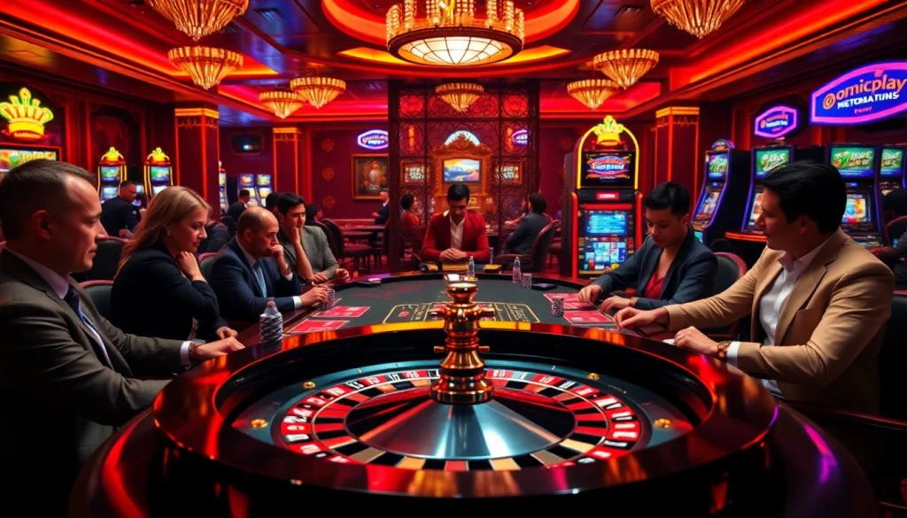 Join the excitement at onicplay with players strategizing at a vibrant poker table amid dazzling casino lights.